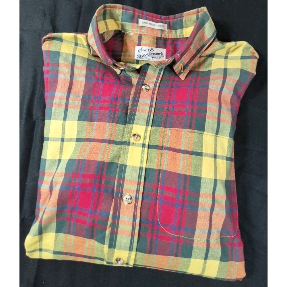 Vtg Sears & Roebuck Lightweight Flannel Shirt Mens Size Large? Red/Yellow Plaid